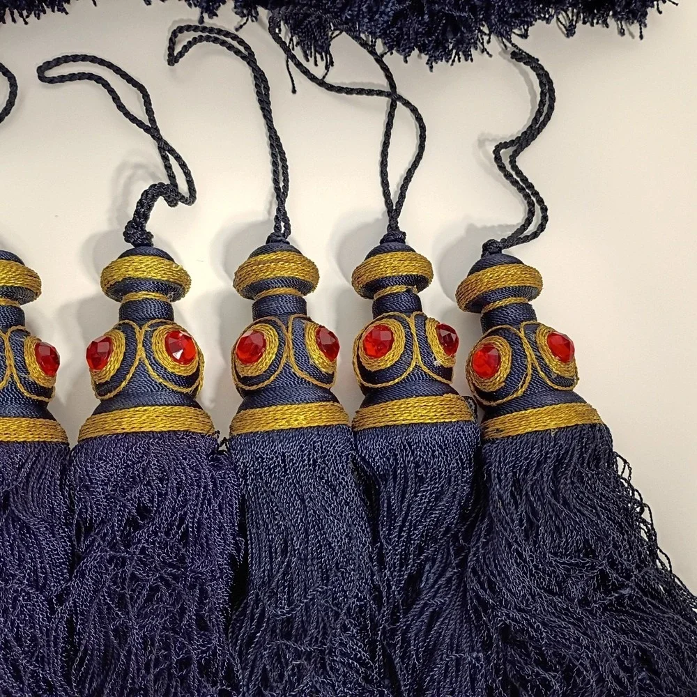 16 Navy Blue Gold Jeweled Tasseled Christmas Ornaments, Curtain Tassels, 7